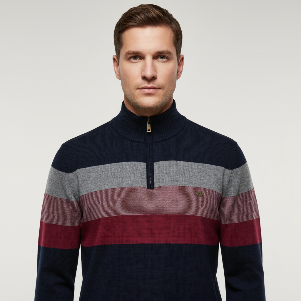 Quarter Zip Jumper - Men's Striped Knitted Quarter-Zip Sweater-Grace Aura