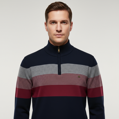 Quarter Zip Jumper - Men's Striped Knitted Quarter-Zip Sweater-Grace Aura