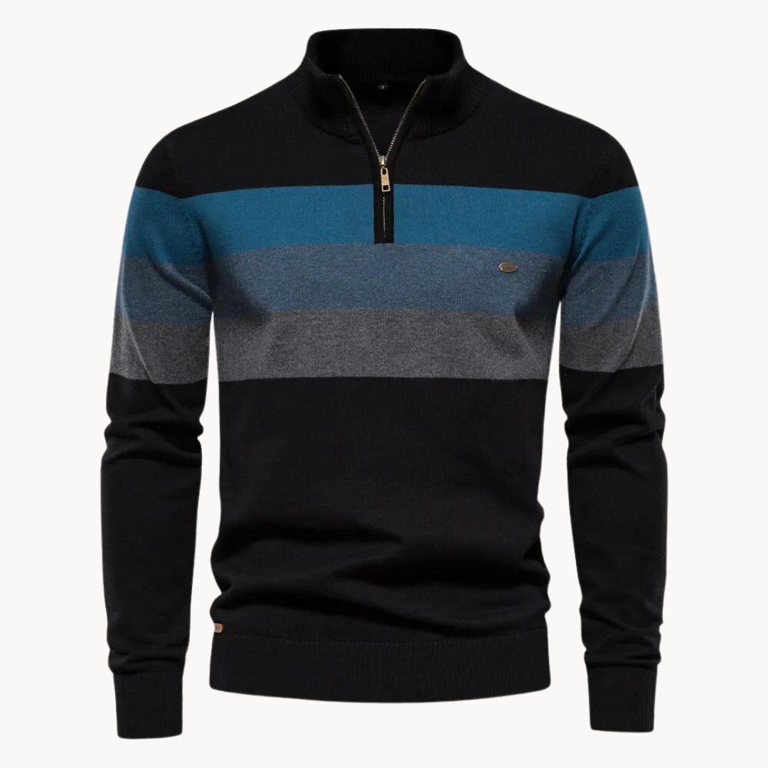 Quarter Zip Jumper - Men's Striped Knitted Quarter-Zip Sweater-Grace Aura