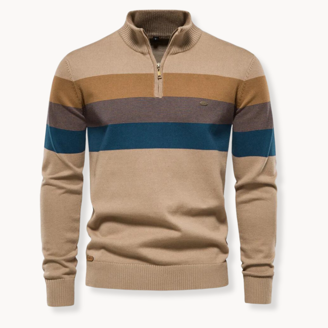 Quarter Zip Jumper - Men's Striped Knitted Quarter-Zip Sweater-Grace Aura