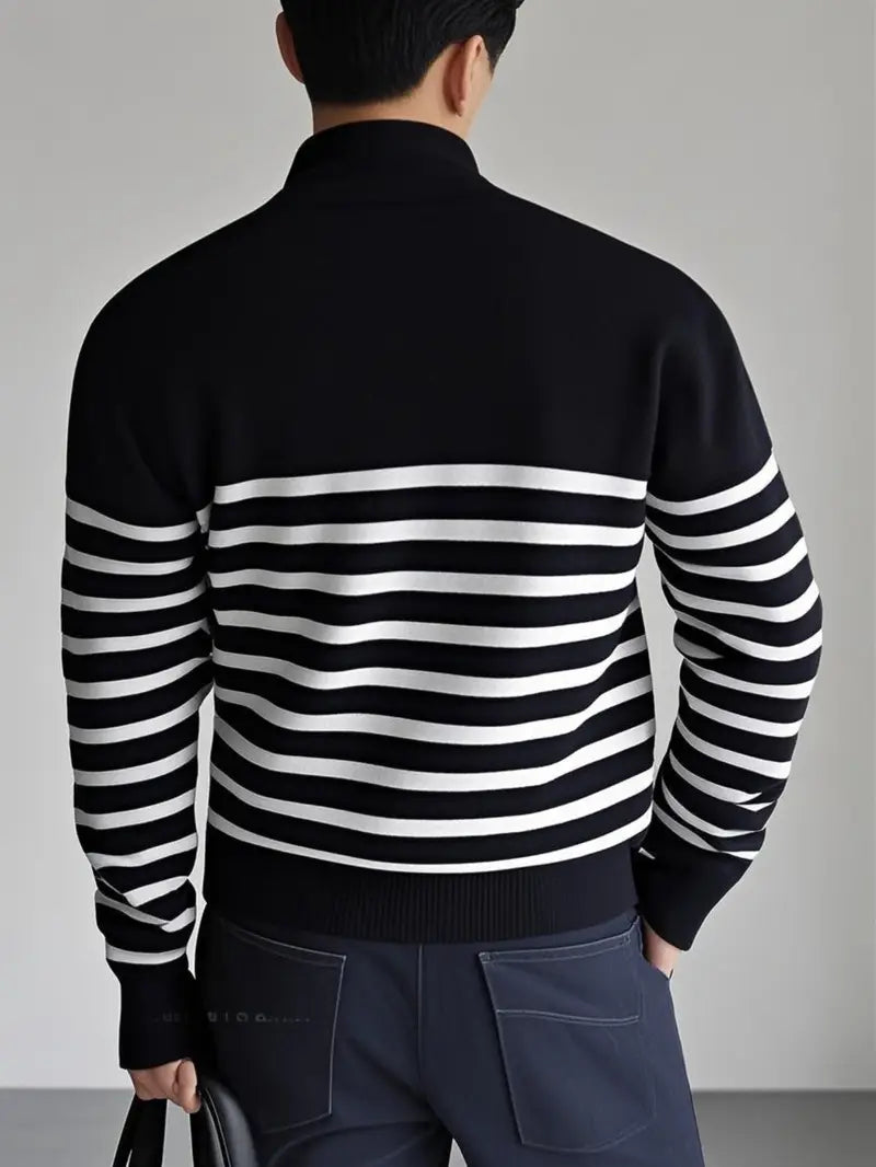 Quarter-Zip Pullover - Striped - Knitted - Polo Jumper - Men's Half-Zip Sweater-Grace Aura