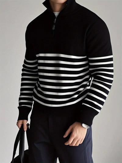 Quarter-Zip Pullover - Striped - Knitted - Polo Jumper - Men's Half-Zip Sweater-Grace Aura