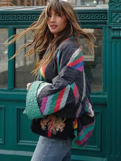 Quilted Jacket - Women's Colorful Open Front Oversized Jacket for Winter-Grace Aura