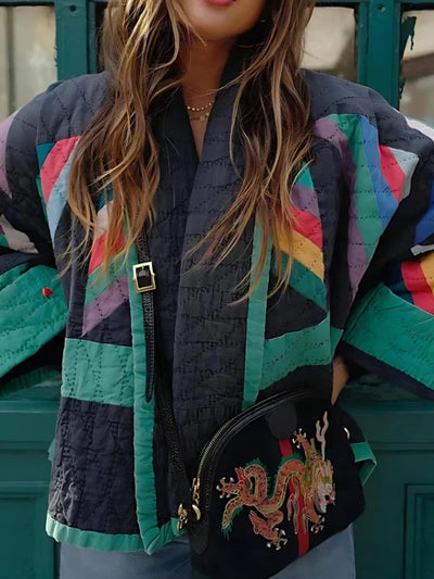 Quilted Jacket - Women's Colorful Open Front Oversized Jacket for Winter-Grace Aura