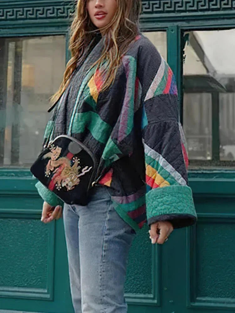 Quilted Jacket - Women's Colorful Open Front Oversized Jacket for Winter-Grace Aura