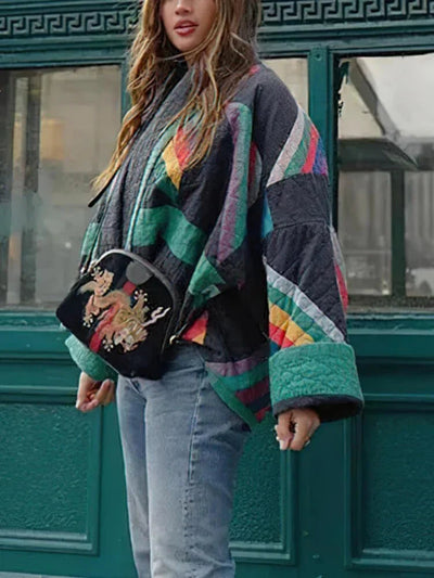 Quilted Jacket - Women's Colorful Open Front Oversized Jacket for Winter-Grace Aura
