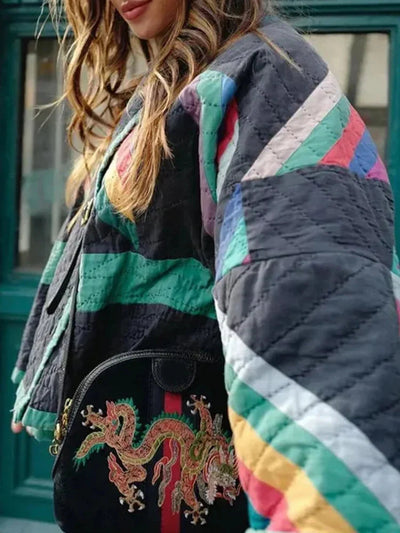 Quilted Jacket - Women's Colorful Open Front Oversized Jacket for Winter-Grace Aura