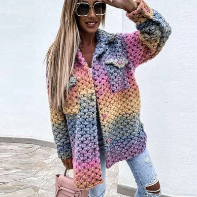 Rainbow Jacket - Women's Warm Button-Up Woven Braided Jacket-Grace Aura