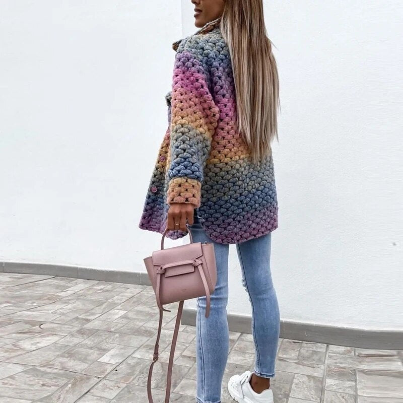 Rainbow Jacket - Women's Warm Button-Up Woven Braided Jacket-Grace Aura