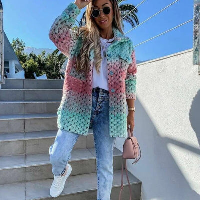 Rainbow Jacket - Women's Warm Button-Up Woven Braided Jacket-Grace Aura