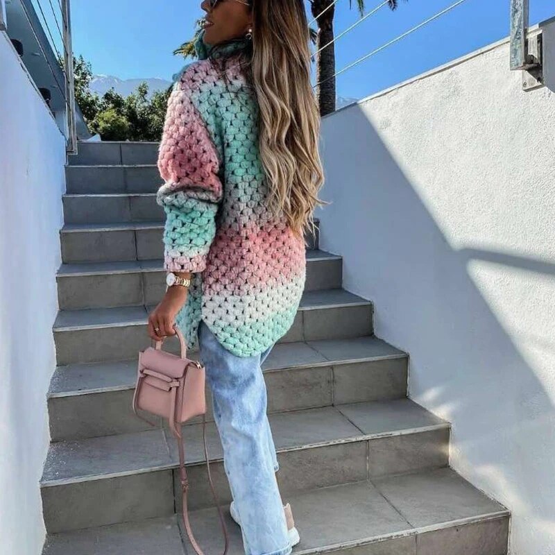 Rainbow Jacket - Women's Warm Button-Up Woven Braided Jacket-Grace Aura