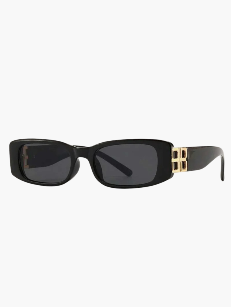 Rectangular Sunglasses - Women's Black Fashion Sunglasses with Golden Detail-Grace Aura
