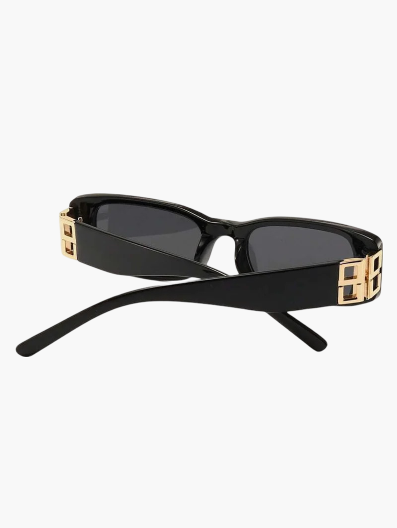 Rectangular Sunglasses - Women's Black Fashion Sunglasses with Golden Detail-Grace Aura