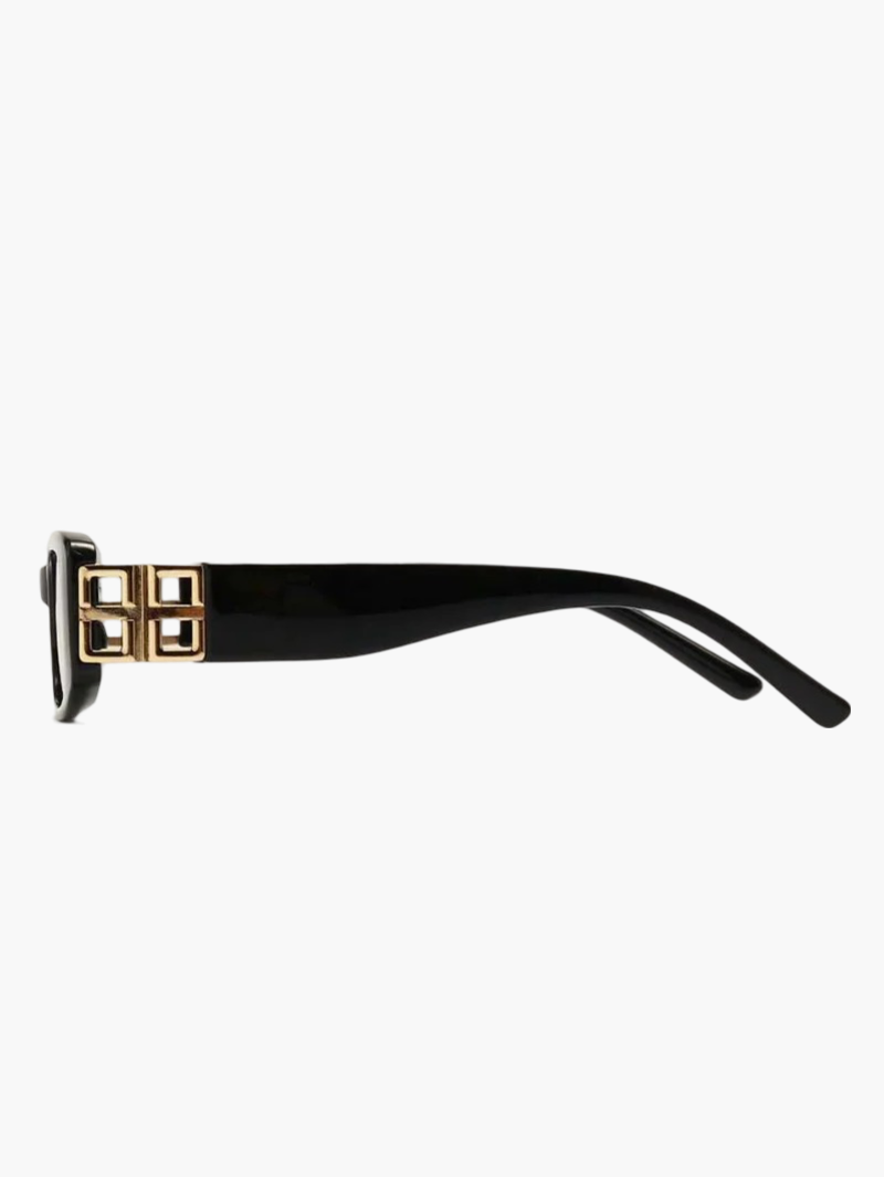 Rectangular Sunglasses - Women's Black Fashion Sunglasses with Golden Detail-Grace Aura