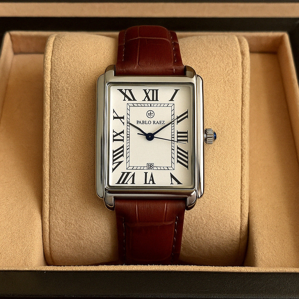 Rectangular Watch - Men's Analogue Leather Strap Watch-Grace Aura