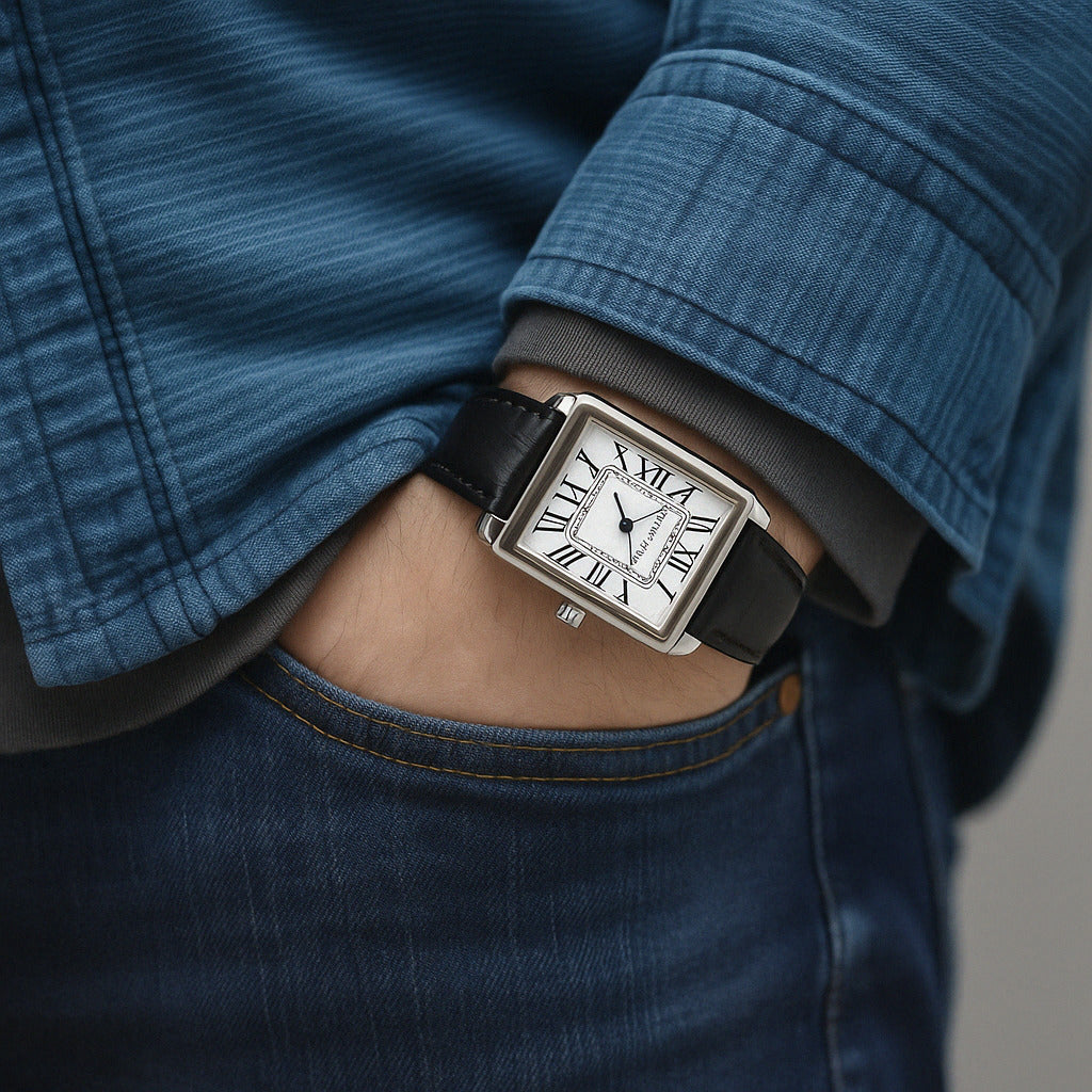 Rectangular Watch - Men's Analogue Leather Strap Watch-Grace Aura