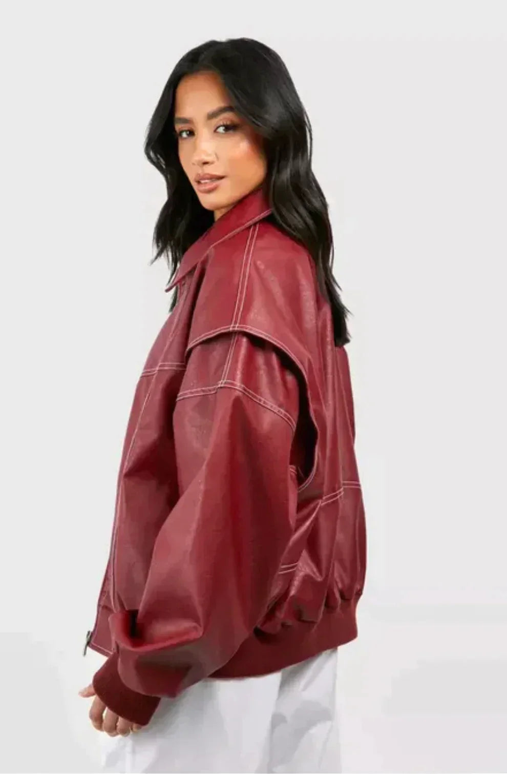 Red Leather Jacket | Faux Leather | Oversized | Leatherette Jacket | Women's Leather Jacket-Grace Aura