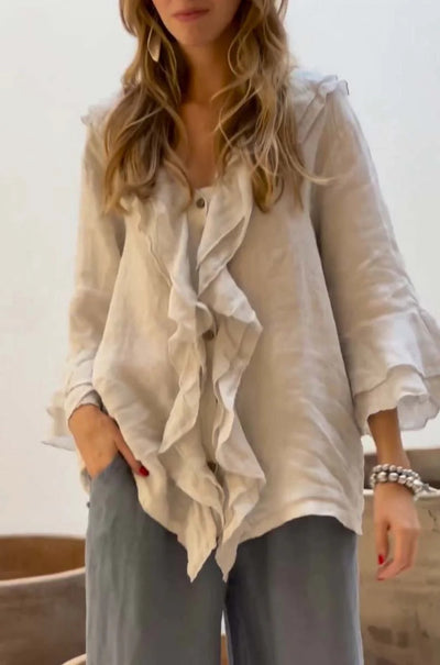 Ruffle Blouse - Women's Loose Fit V-Neck Long Sleeve Blouse-Grace Aura