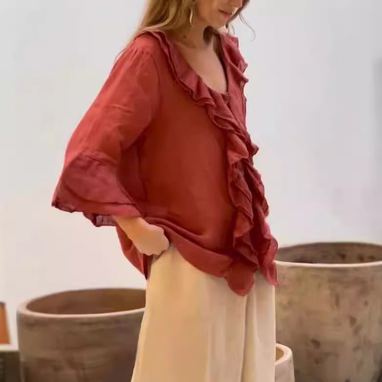 Ruffle Blouse - Women's Loose Fit V-Neck Long Sleeve Blouse-Grace Aura