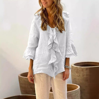 Ruffle Blouse - Women's Loose Fit V-Neck Long Sleeve Blouse-Grace Aura