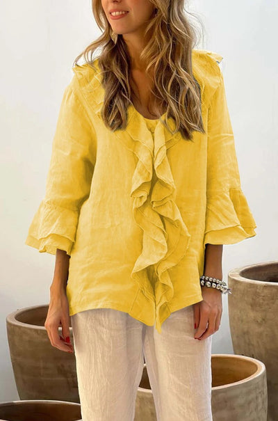 Ruffle Blouse - Women's Loose Fit V-Neck Long Sleeve Blouse-Grace Aura