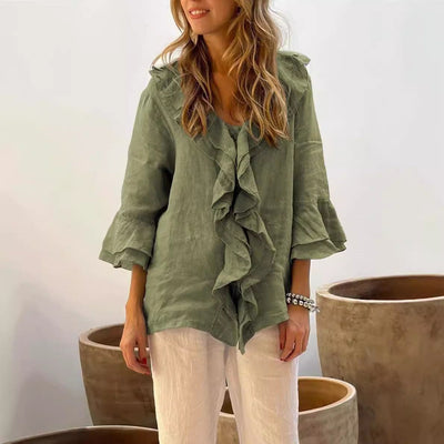 Ruffle Blouse - Women's Loose Fit V-Neck Long Sleeve Blouse-Grace Aura