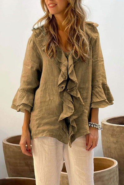 Ruffle Blouse - Women's Loose Fit V-Neck Long Sleeve Blouse-Grace Aura