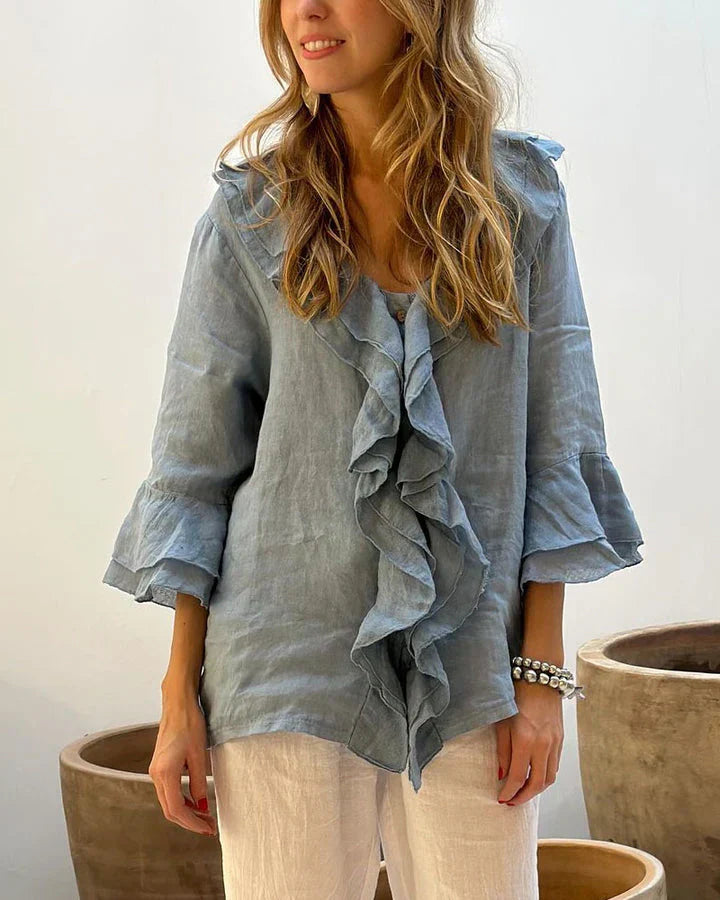 Ruffle Blouse - Women's Loose Fit V-Neck Long Sleeve Blouse-Grace Aura