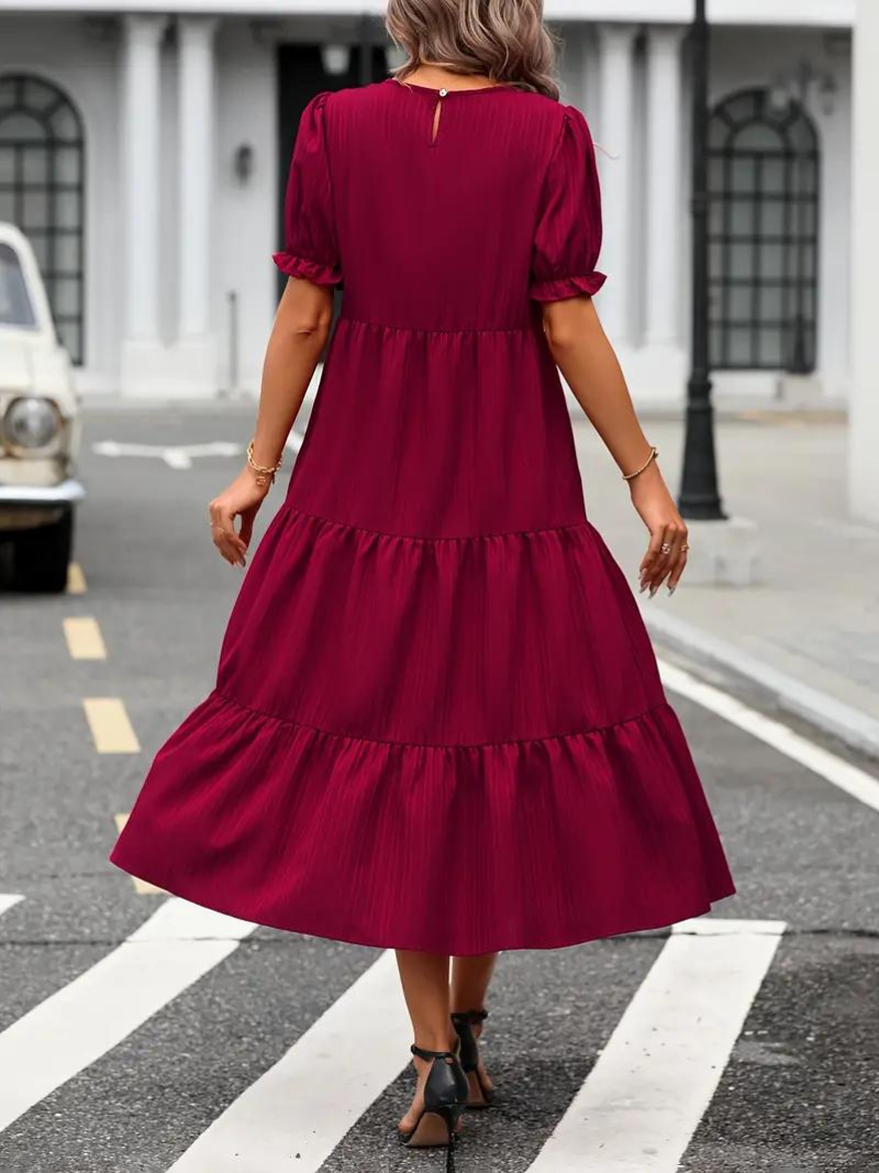 Ruffle Dress, Puff Sleeve, Tiered, Midi Dress, Summer Dress-Grace Aura