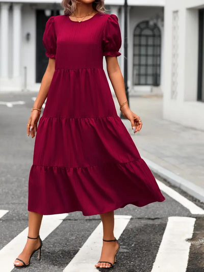 Ruffle Dress, Puff Sleeve, Tiered, Midi Dress, Summer Dress-Grace Aura