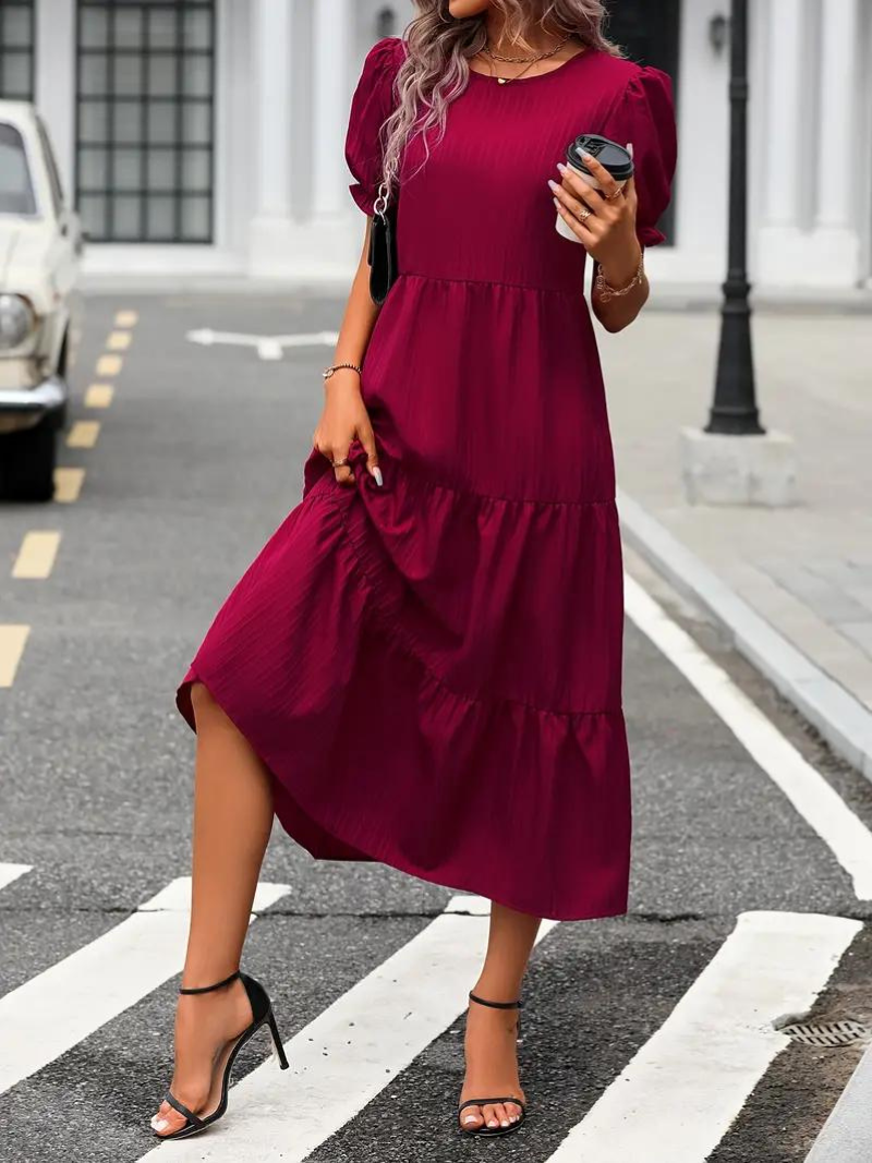 Ruffle Dress, Puff Sleeve, Tiered, Midi Dress, Summer Dress-Grace Aura