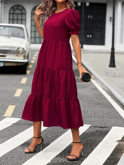 Ruffle Dress, Puff Sleeve, Tiered, Midi Dress, Summer Dress-Grace Aura