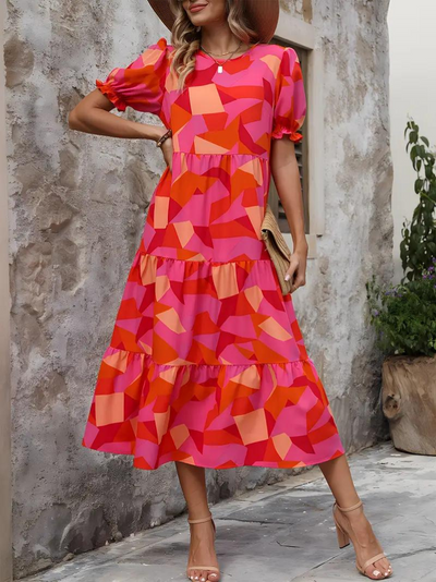 Ruffle Dress, Puff Sleeve, Tiered, Midi Dress, Summer Dress-Grace Aura