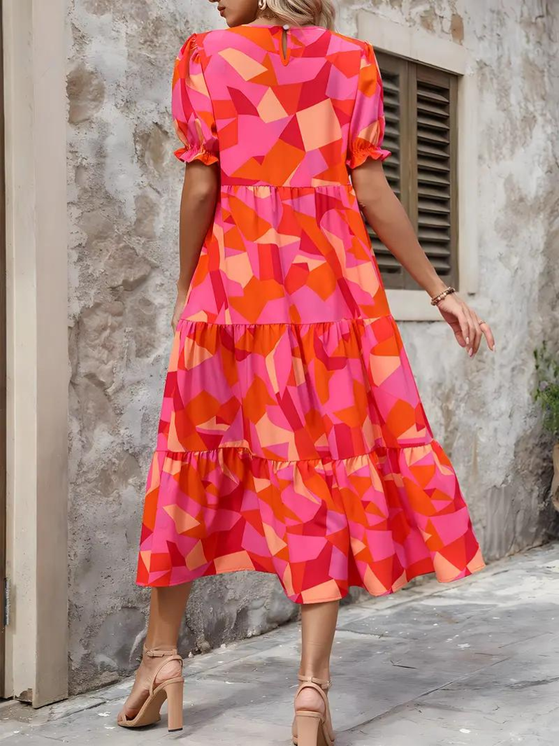 Ruffle Dress, Puff Sleeve, Tiered, Midi Dress, Summer Dress-Grace Aura