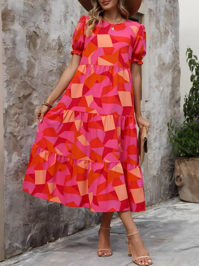 Ruffle Dress, Puff Sleeve, Tiered, Midi Dress, Summer Dress-Grace Aura