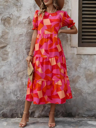 Ruffle Dress, Puff Sleeve, Tiered, Midi Dress, Summer Dress-Grace Aura