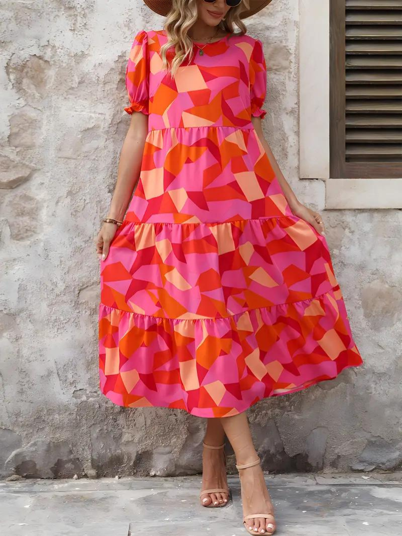 Ruffle Dress, Puff Sleeve, Tiered, Midi Dress, Summer Dress-Grace Aura