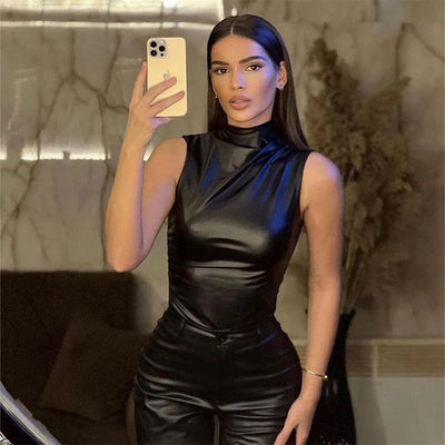 High Neck Top | Chic | Sleeveless | Leather Top | Party Top