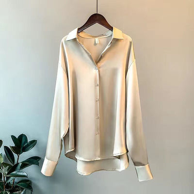 Satin Blouse - Long Sleeve - Collared - Button-Up Shirt - Women's Blouse-Grace Aura