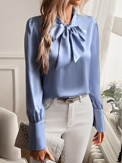 Satin Blouse | Long Sleeve | Lantern Sleeve | Tie Neck Blouse | Women's Blouse-Grace Aura