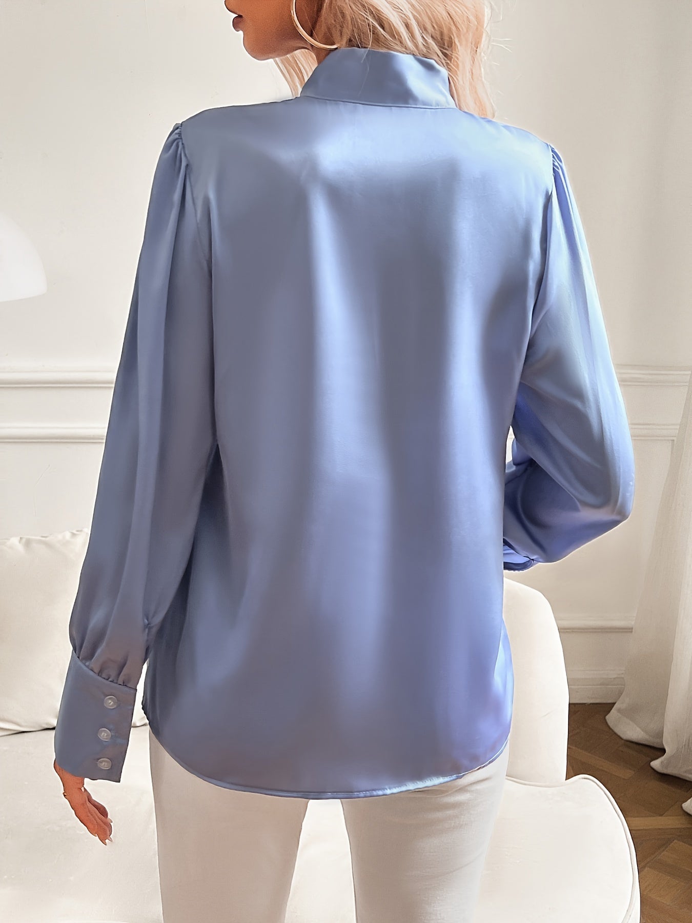 Satin Blouse | Long Sleeve | Lantern Sleeve | Tie Neck Blouse | Women's Blouse-Grace Aura