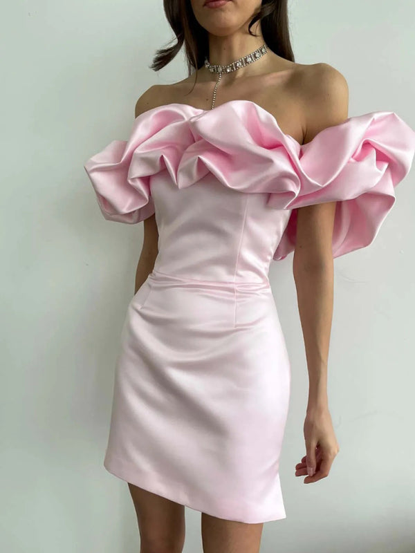 Satin Dress - Ruffle - Mini - Off-Shoulder Dress - Party Dress-Grace Aura