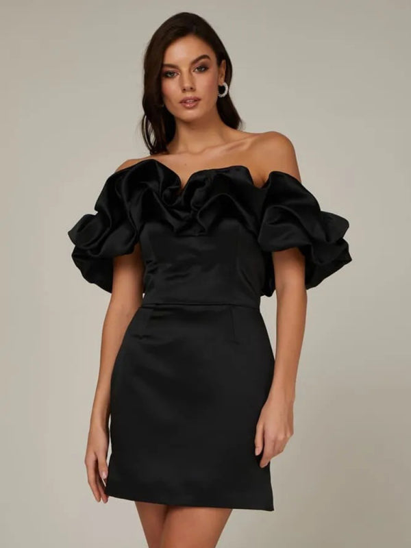 Satin Dress - Ruffle - Mini - Off-Shoulder Dress - Party Dress-Grace Aura