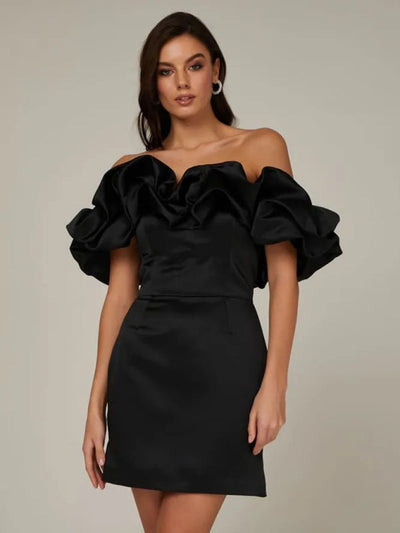 Satin Dress - Ruffle - Mini - Off-Shoulder Dress - Party Dress-Grace Aura