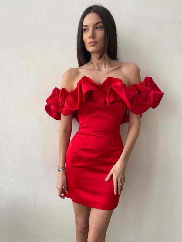 Satin Dress - Ruffle - Mini - Off-Shoulder Dress - Party Dress-Grace Aura
