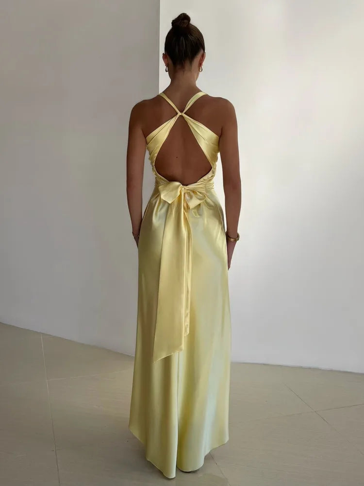 Satin Maxi Dress - Women's Elegant V-Neck Backless Party Dress-Grace Aura