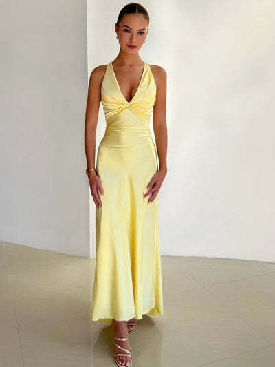 Satin Maxi Dress - Women's Elegant V-Neck Backless Party Dress-Grace Aura