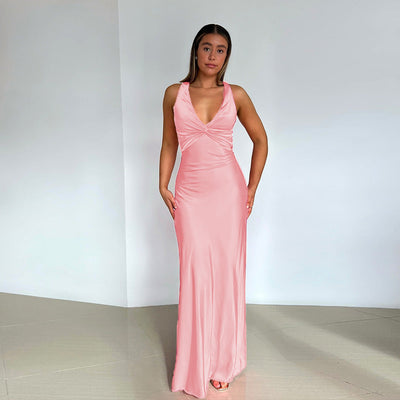 Satin Maxi Dress - Women's Elegant V-Neck Backless Party Dress-Grace Aura