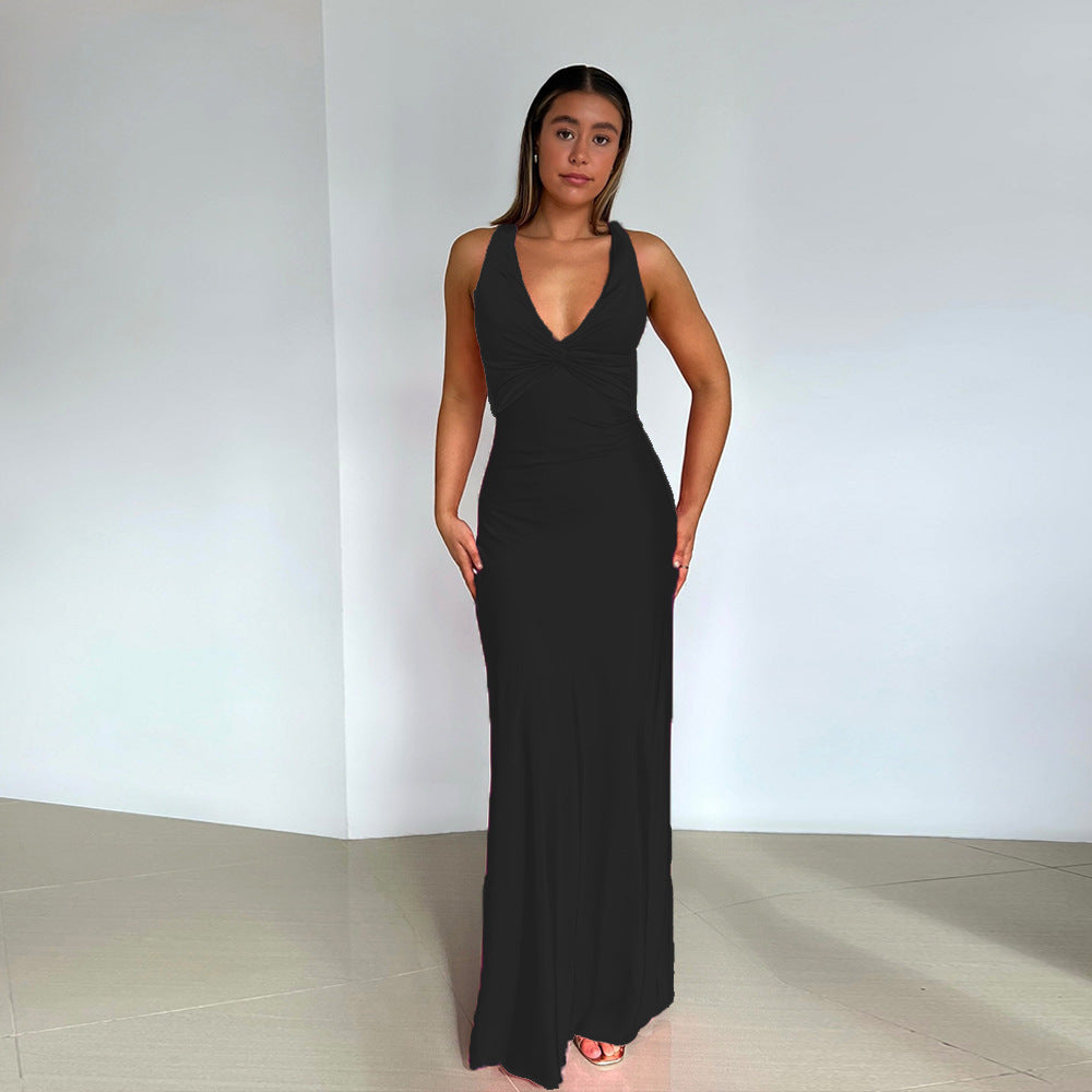 Satin Maxi Dress - Women's Elegant V-Neck Backless Party Dress-Grace Aura