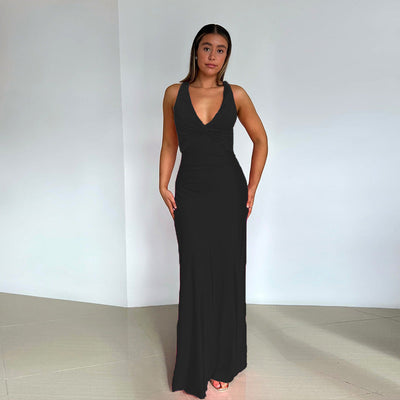 Satin Maxi Dress - Women's Elegant V-Neck Backless Party Dress-Grace Aura